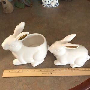 Pair of white bunnies on is candy dish